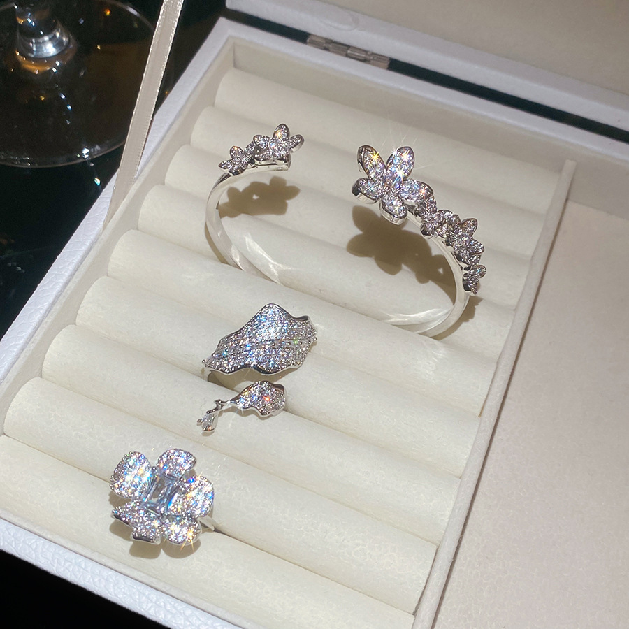 Super Shiny Zircon Flower Open Bangle Ring Set, High-end and Exquisite 2026 New Jewelry - view 7