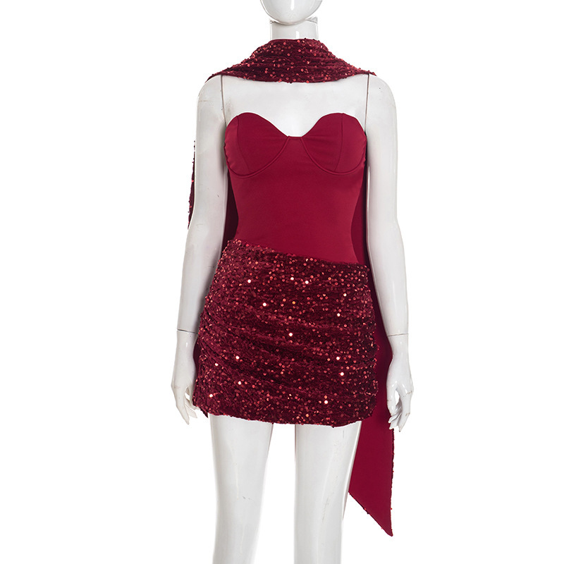 Casual Dresses Sexy Sequin Party Pleated Slim Bodycon Dress Women Spaghetti Strap Mini 2026 Summer Evening Nightclub