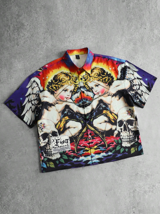 American retro trend brand Japanese print casual loose t-shirt short-sleeved shirt for summer