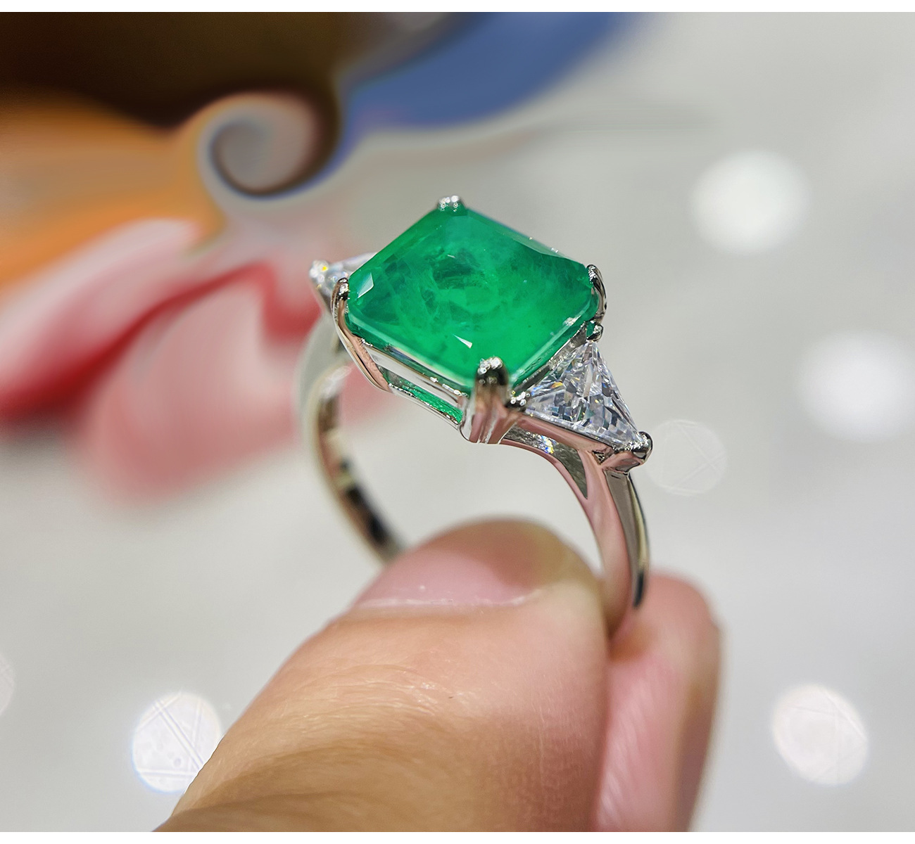 Rulalei Elegant 3-Stone Paraiba Blue CZ Ring Princess Emerald with Triangle Cut Side Stones Genuine 100% 925 Sterling Silver Wedding Band for Women Da