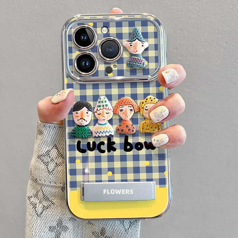 Compatible 17 Pro Phone Case New Model with Lanyard Apple 16 High-End Niche Plaid Doll Character