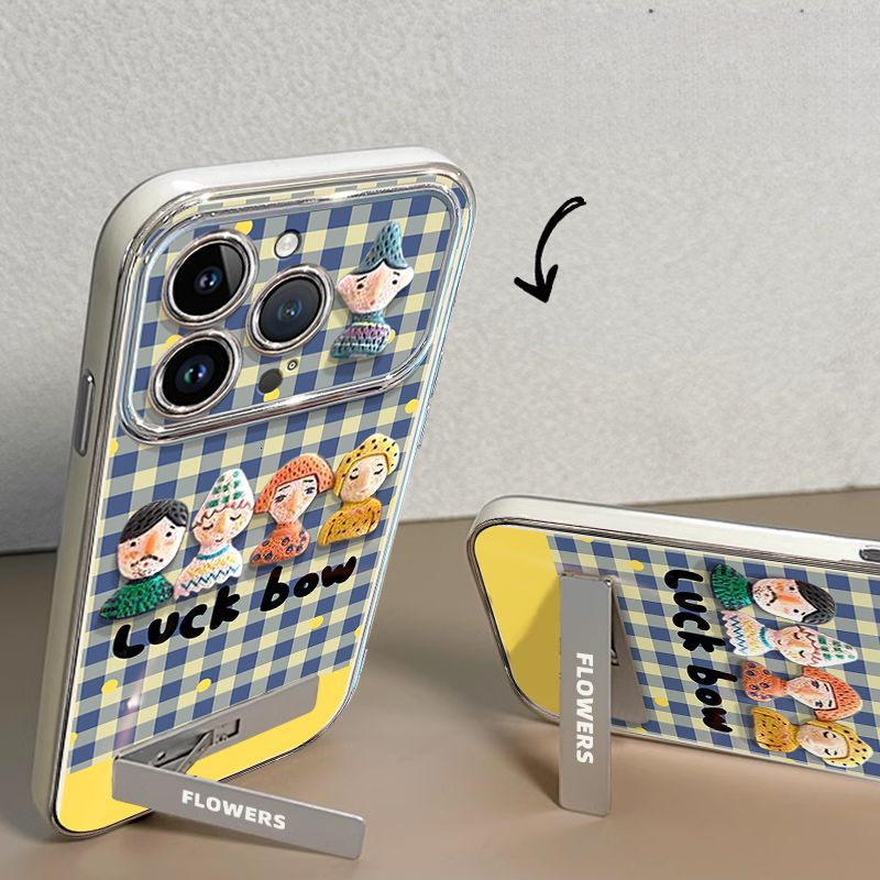 Compatible 17 Pro Phone Case New Model with Lanyard Apple 16 High-End Niche Plaid Doll Character