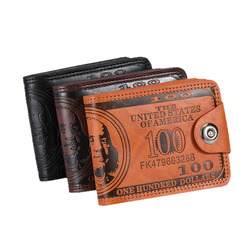 Free Shipping Vintage US Dollar Pattern Men's Wallet PU Leather Short Bifold Wallet with Snap Closure Card Holders