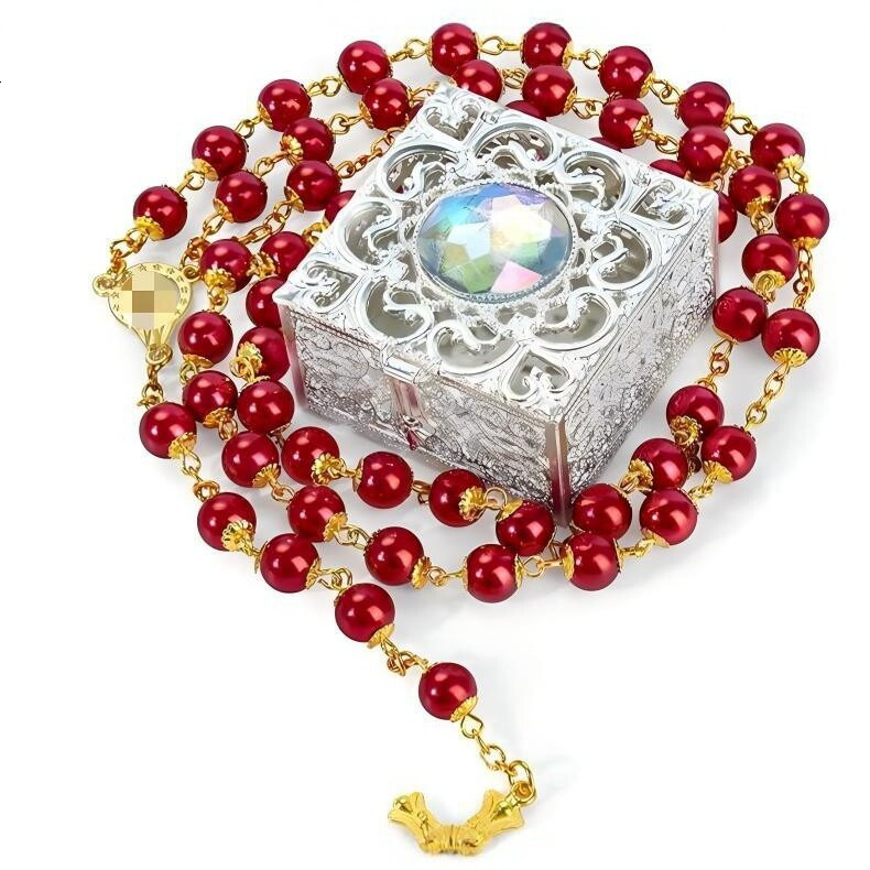 Vintage rose prayer bead necklace, pearl silver alloy sweater chain, unisex accessory
