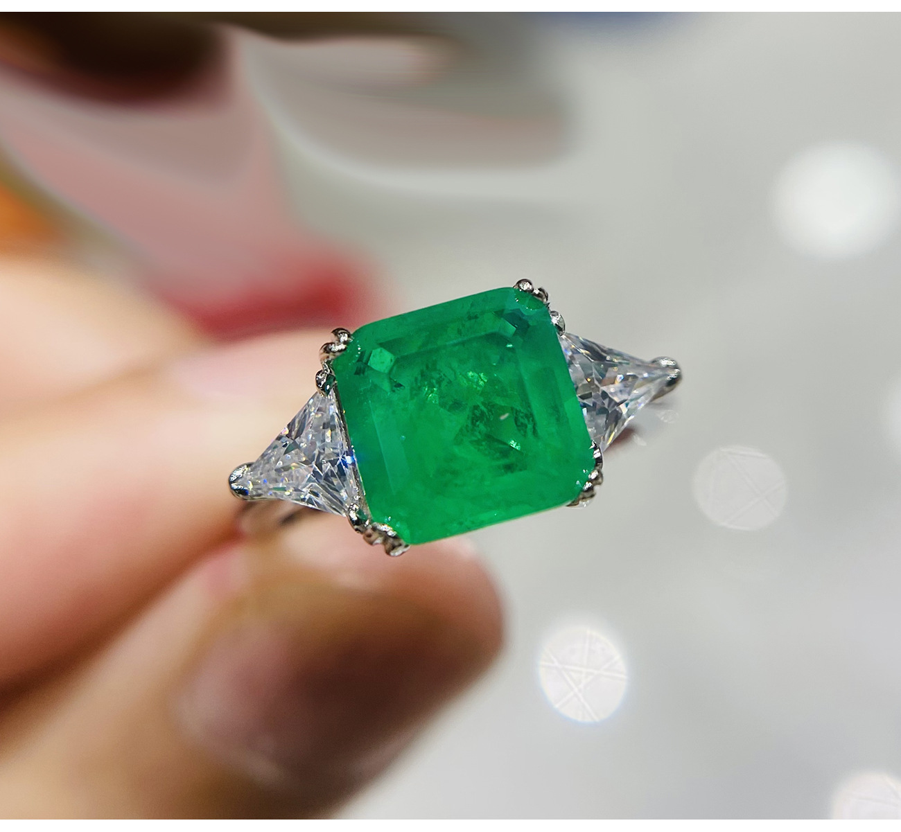 Rulalei Elegant 3-Stone Paraiba Blue CZ Ring Princess Emerald with Triangle Cut Side Stones Genuine 100% 925 Sterling Silver Wedding Band for Women Da