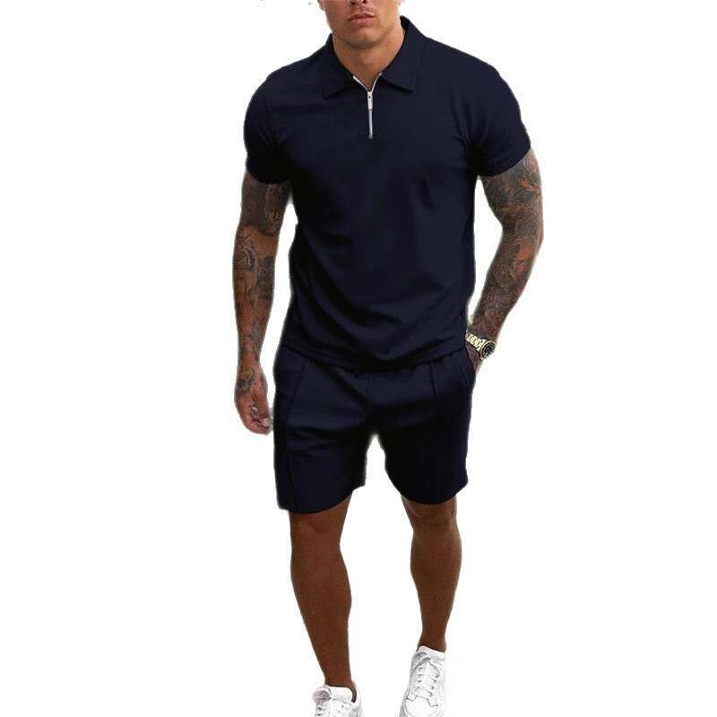 Designer 2026 European American Men's Short-sleeve Suit Luxury With Stand-up Collar And Zipper Design, Fashionable Casual Two-piece Shorts Set In
