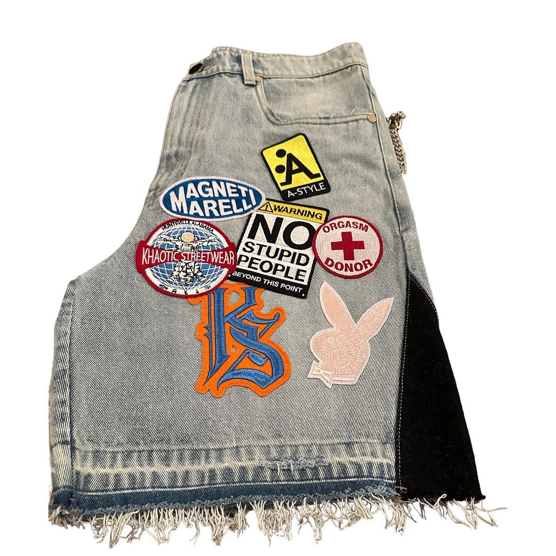 Women's Shorts Streetwear Retro Patchwork Denim Short Jeans Men Women Hip Hop Cartoon Graphics Blue Loose Fitness Casual