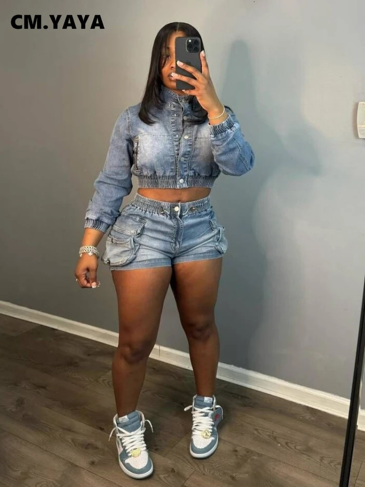 CMYAYA Denim Womens Set Long Sleeve Crop Jean Jacket Shorts Jeans Suit Street Cargo Tracksuit Two Piece Set Fitness Outfits 260507