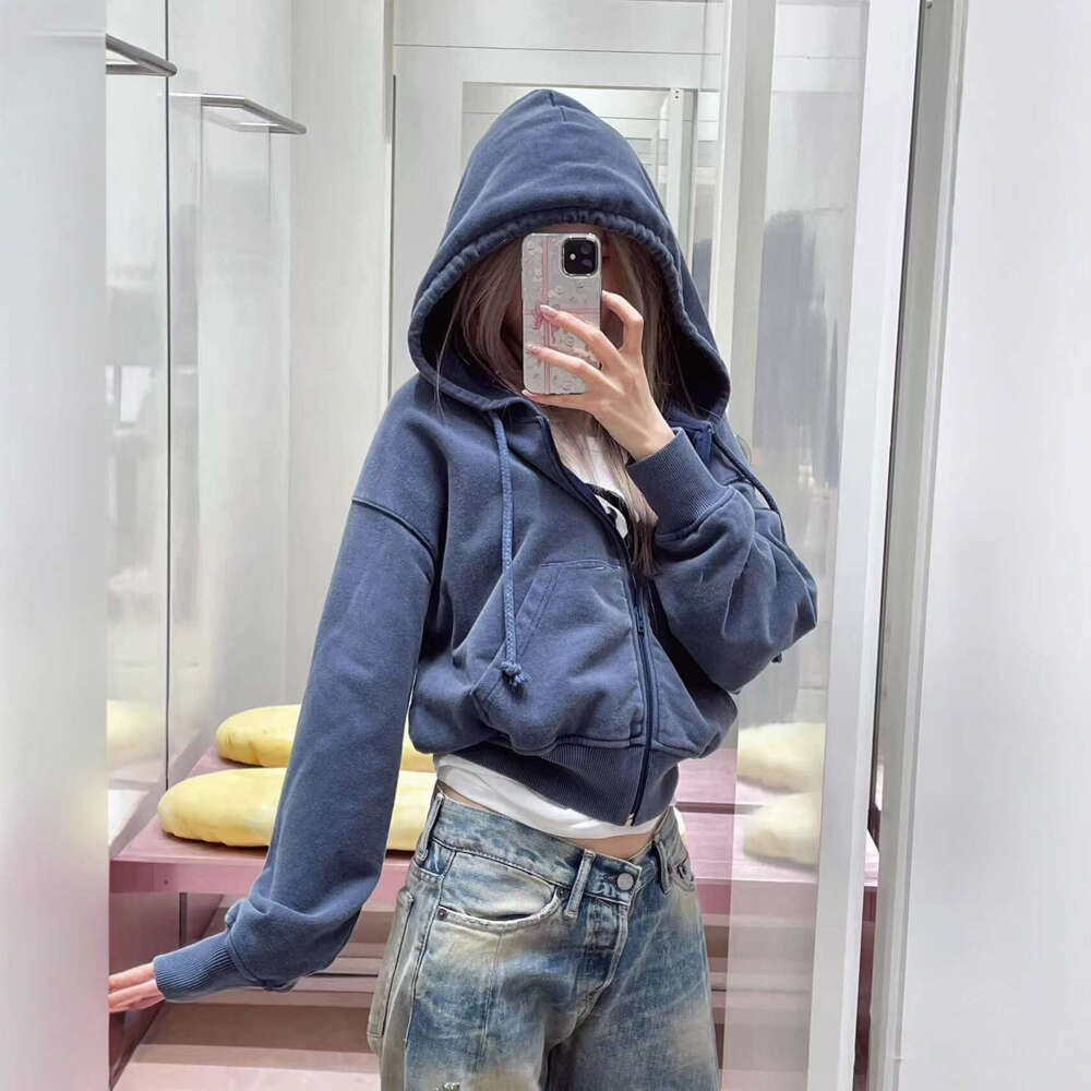 AC Blue Short Sweatshirt 25 New Model American Retro Letter Embossed Zipper Cardigan Slim-Fit Hoodie Jacket Mdng260508