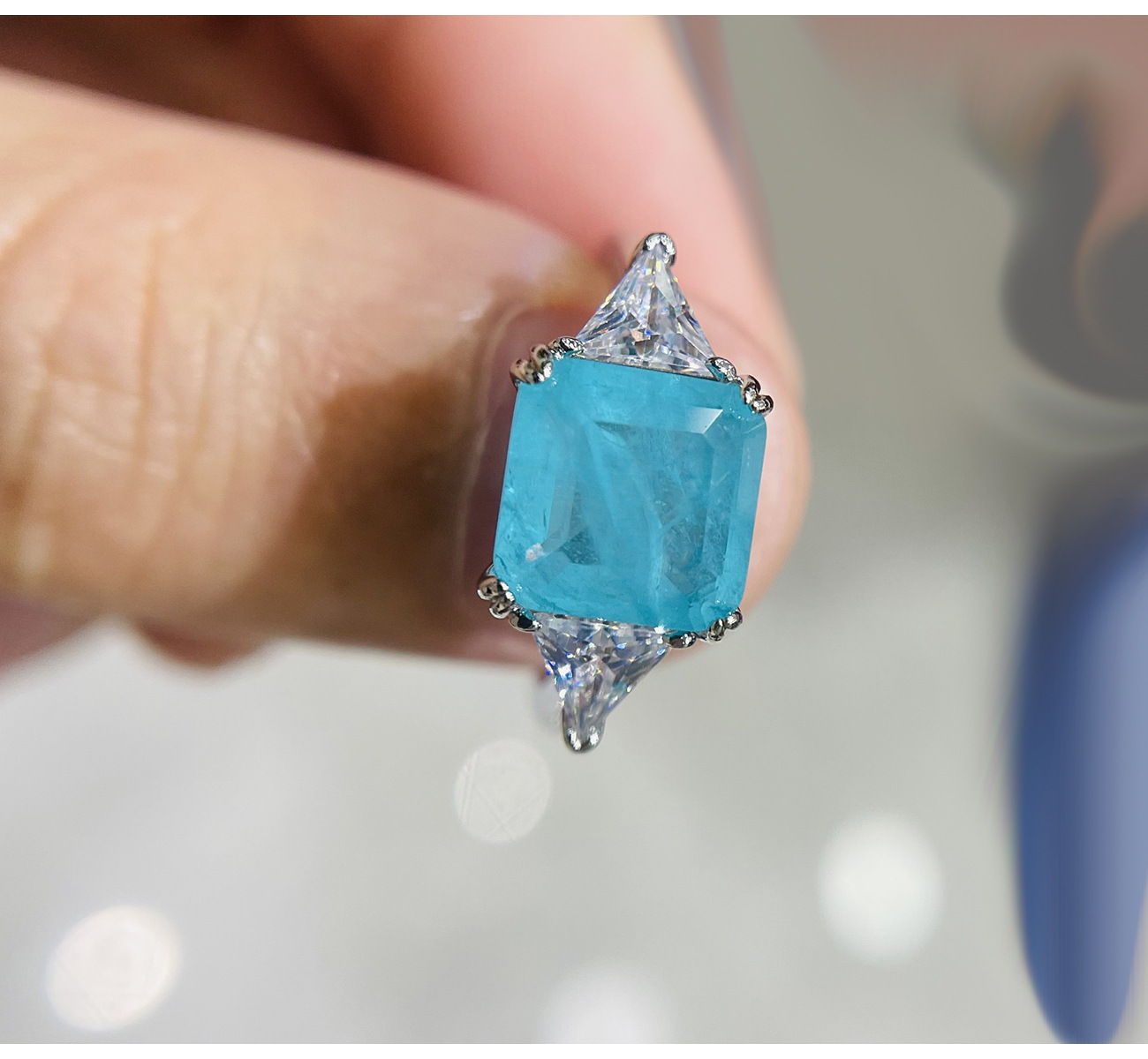 Rulalei Elegant 3-Stone Paraiba Blue CZ Ring Princess Emerald with Triangle Cut Side Stones Genuine 100% 925 Sterling Silver Wedding Band for Women Da