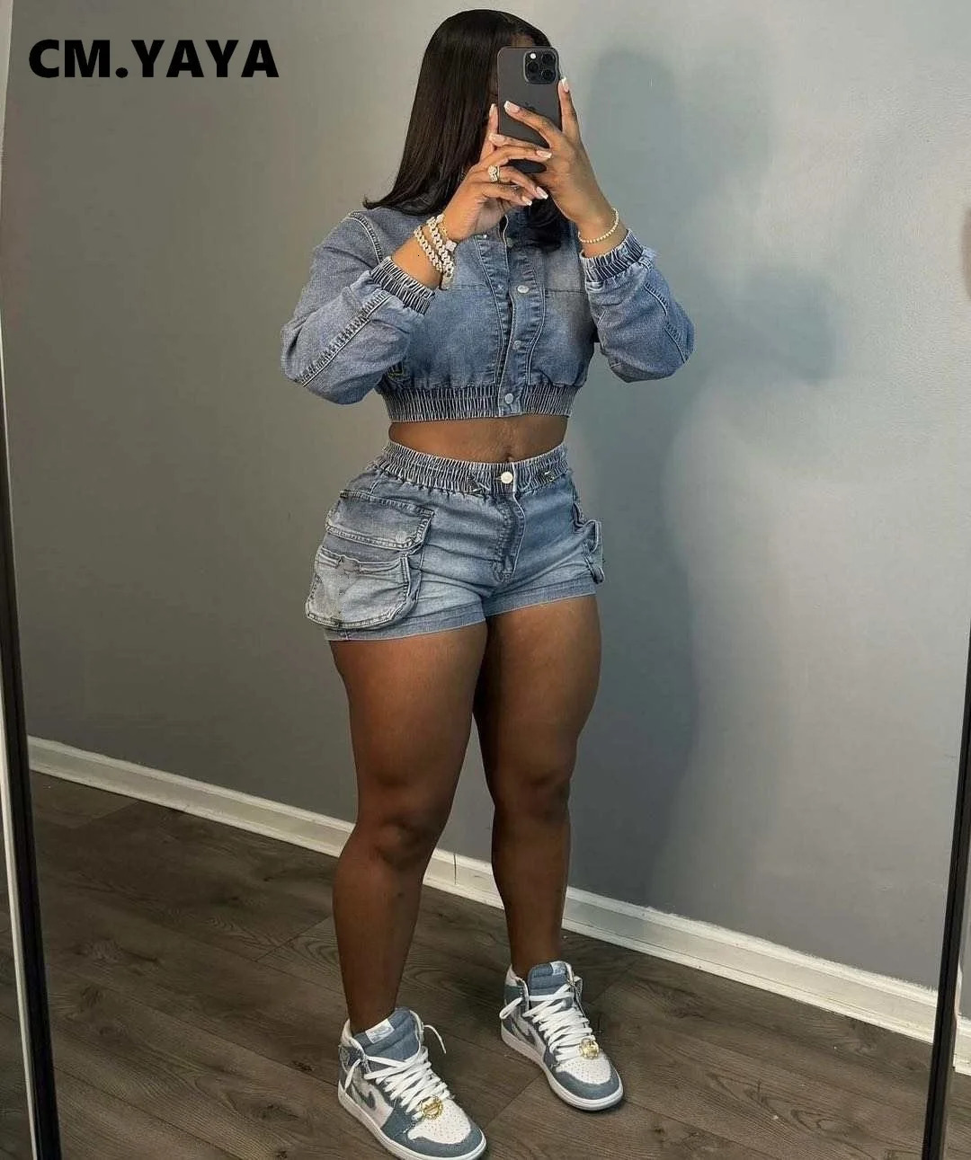 CMYAYA Denim Womens Set Long Sleeve Crop Jean Jacket Shorts Jeans Suit Street Cargo Tracksuit Two Piece Set Fitness Outfits 260507