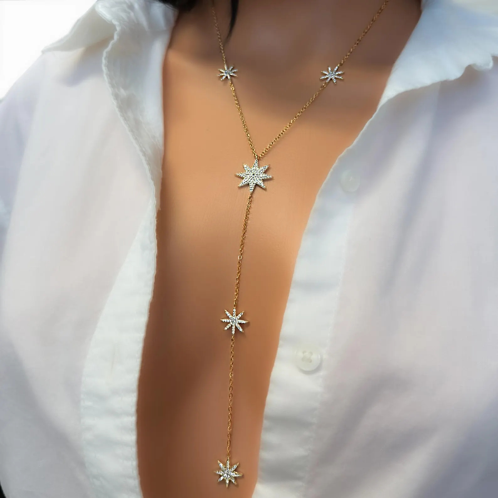 sexy women long chain micro pave cz star northstar charm link chain long Y lariat necklace 250930