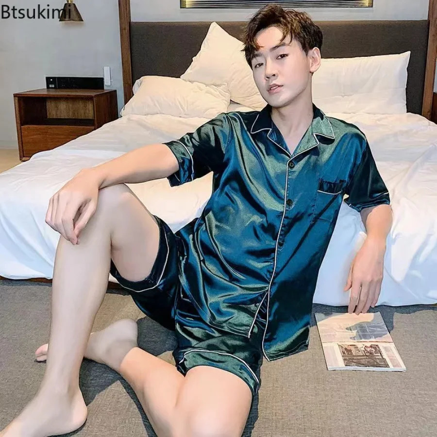 Summer Men Pajama Sets Silk Satin Pijama Turn-down Collar Sleepwear Short Sleeve Nightwear Male 2 Pieces Sets Homewear 5XL 260507