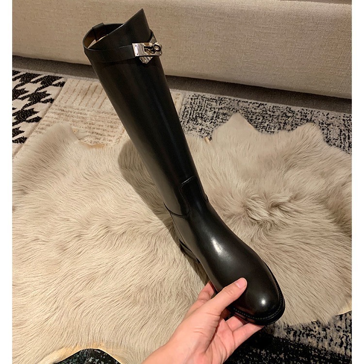 Designer shoe Round Toe Metal Long for Women, Over-the-Knee Versatile Casual Mid-High Boots, Riding Boots with Belt Buckle