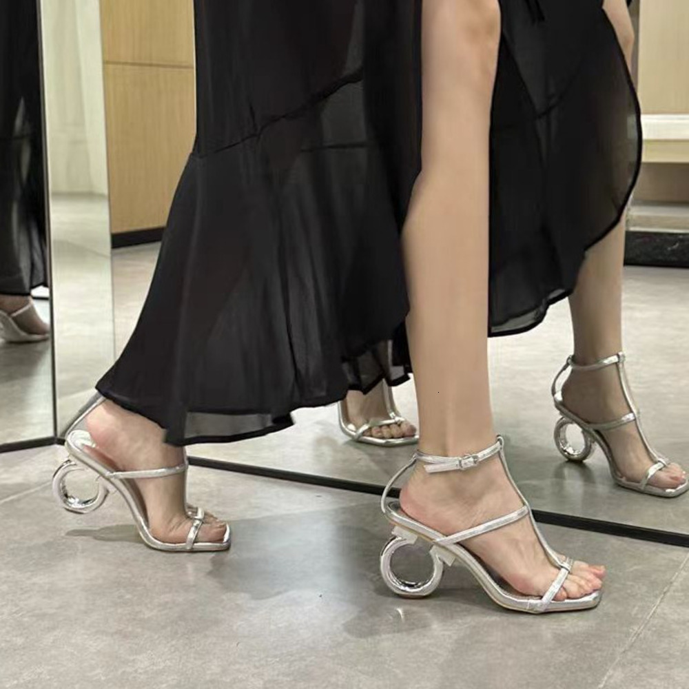 Gold Metallic Strappy Sandals Unique Circular Heel Party Dress Shoes square toe one-strap buckle irregular heel high-heeled Roman sandals daily outfit