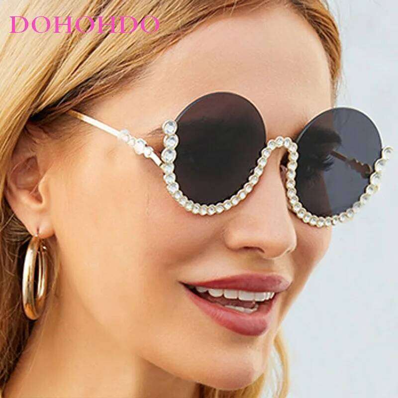 Trendy Metal Leg Half Set Rhinestone Round Frame Women Sunglasses Luxury Designer Sunglass Men Travel Party Eyewear Uv400