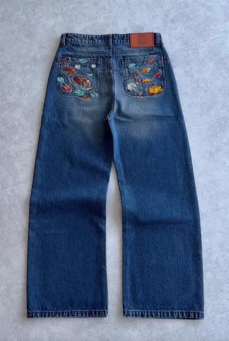Preppy Style Men's Blue Denim Cargo Jeans, Wide Leg Pants with Koi Embroidery, Zipper Fly, Functional Cargo Pockets - view 6