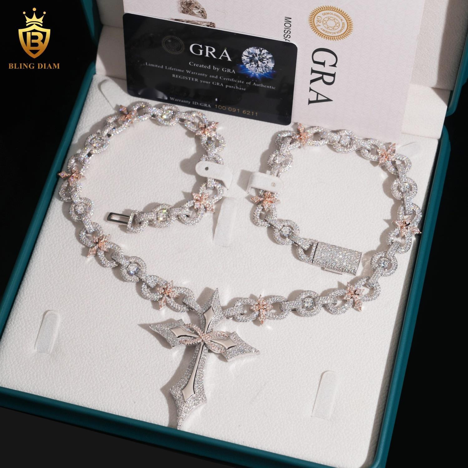 12MM Sterling Silver 925 VVS Moissanite Diamond Cross Pendant Miami Cuban Link Chain Necklace