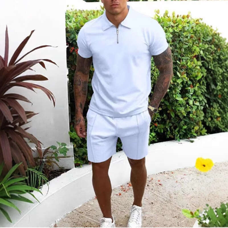 Designer 2026 European American Men's Short-sleeve Suit Luxury With Stand-up Collar And Zipper Design, Fashionable Casual Two-piece Shorts Set In