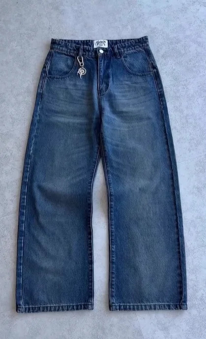 Preppy Style Men's Blue Denim Cargo Jeans, Wide Leg Pants with Koi Embroidery, Zipper Fly, Functional Cargo Pockets - view 7