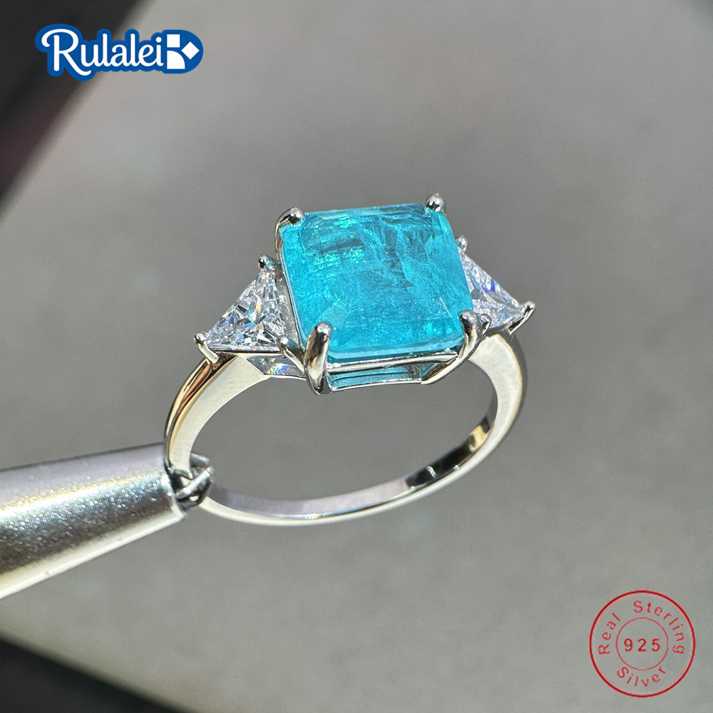 Rulalei Elegant 3-Stone Paraiba Blue CZ Ring Princess Emerald with Triangle Cut Side Stones Genuine 100% 925 Sterling Silver Wedding Band for Women Da