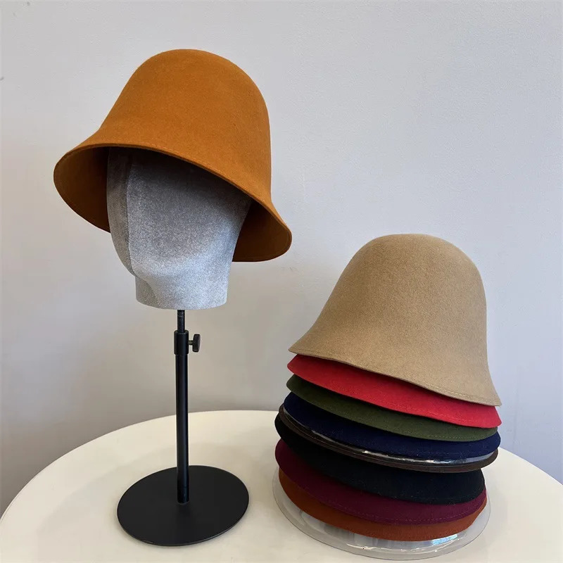 Vintage Elegant Wool Felt Bucket Hat Women Autumn Winter Bell-shaped Basin Cap Hemming-stitch Pure Color Fashion Warm 260508