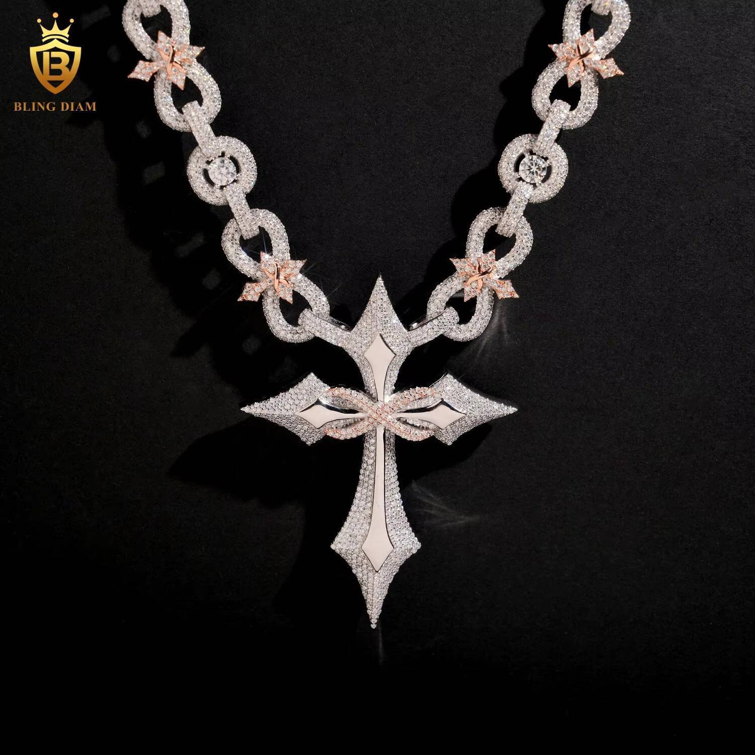 12MM Sterling Silver 925 VVS Moissanite Diamond Cross Pendant Miami Cuban Link Chain Necklace
