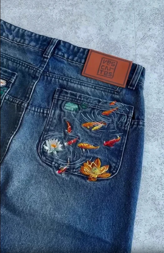 Preppy Style Men's Blue Denim Cargo Jeans, Wide Leg Pants with Koi Embroidery, Zipper Fly, Functional Cargo Pockets - view 3