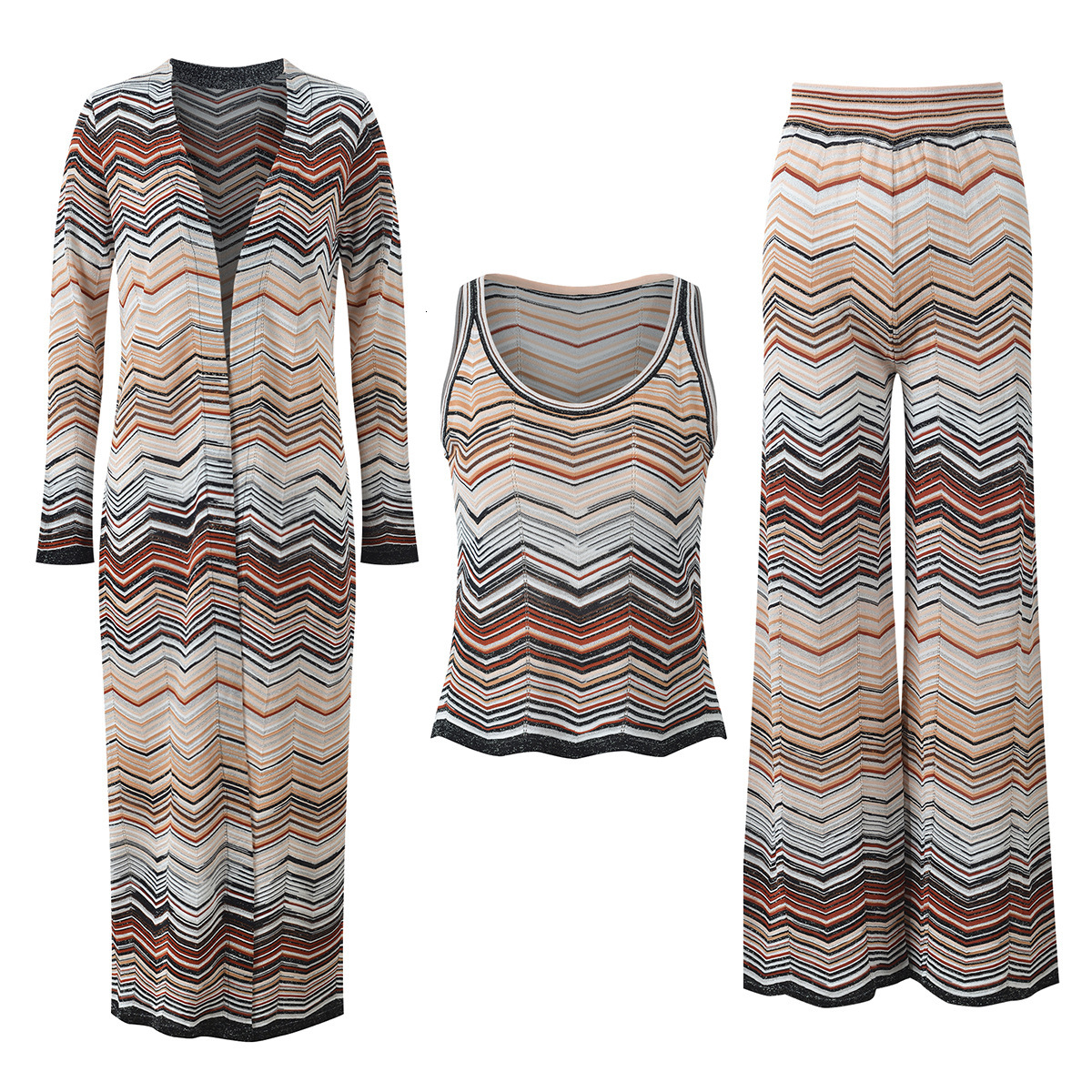 2026 Summer New Style Gradient Stripe Long Cardigan(Robe) + Slim Camisole Top + Relaxed Straight Pants 3-Piece Outfit Set - view 3