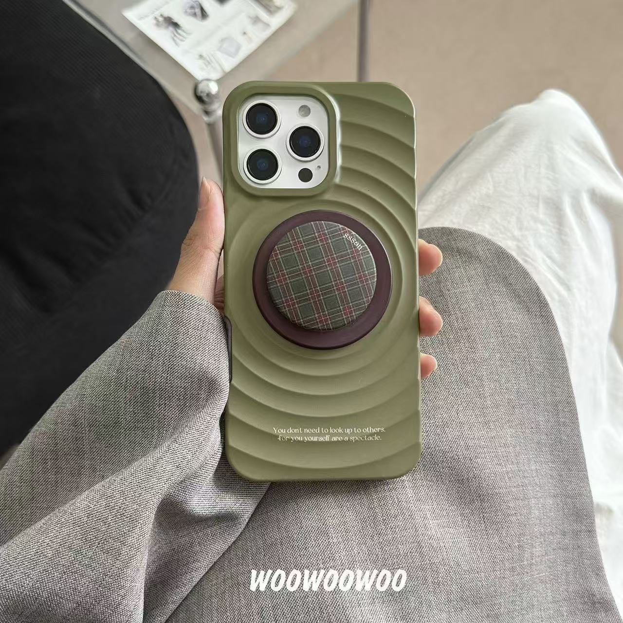 Olive ripple magnetic green checkered stand case suitable iPhone 16 Pro Max, Apple 15, and 14 for women