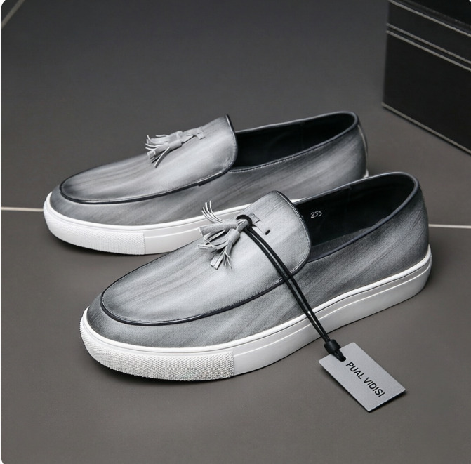 Mens Grey Gradient Tassel Slip On Loafers With White Sole