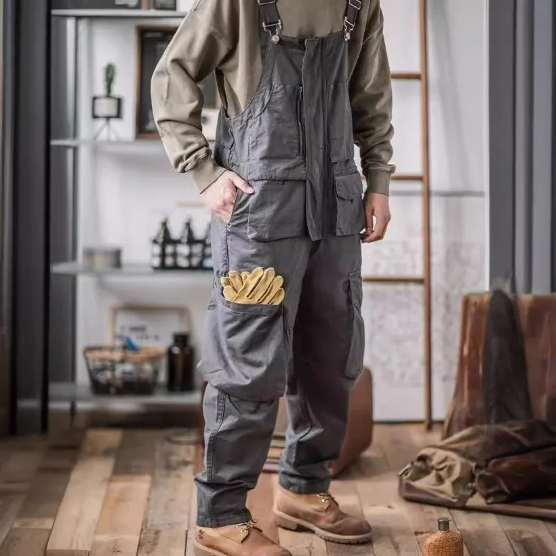 Men Vintage Bib Overalls Cotton Relaxed Fit Cargo Pants Romper Fashion Workwear Loose Jumpsuit with Pockets 260508 - view 4