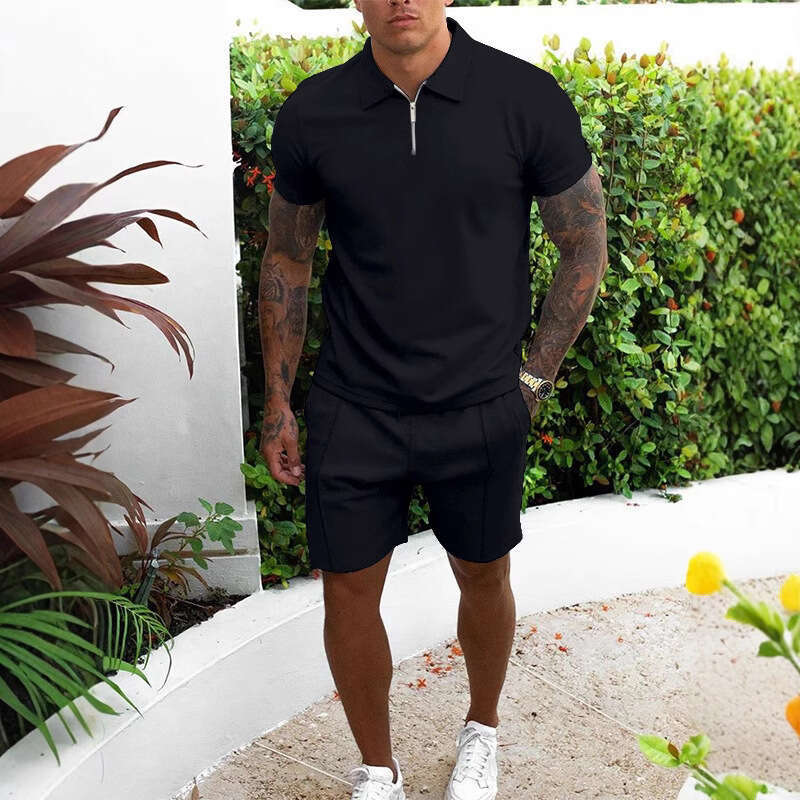 Designer 2026 European American Men's Short-sleeve Suit Luxury With Stand-up Collar And Zipper Design, Fashionable Casual Two-piece Shorts Set In
