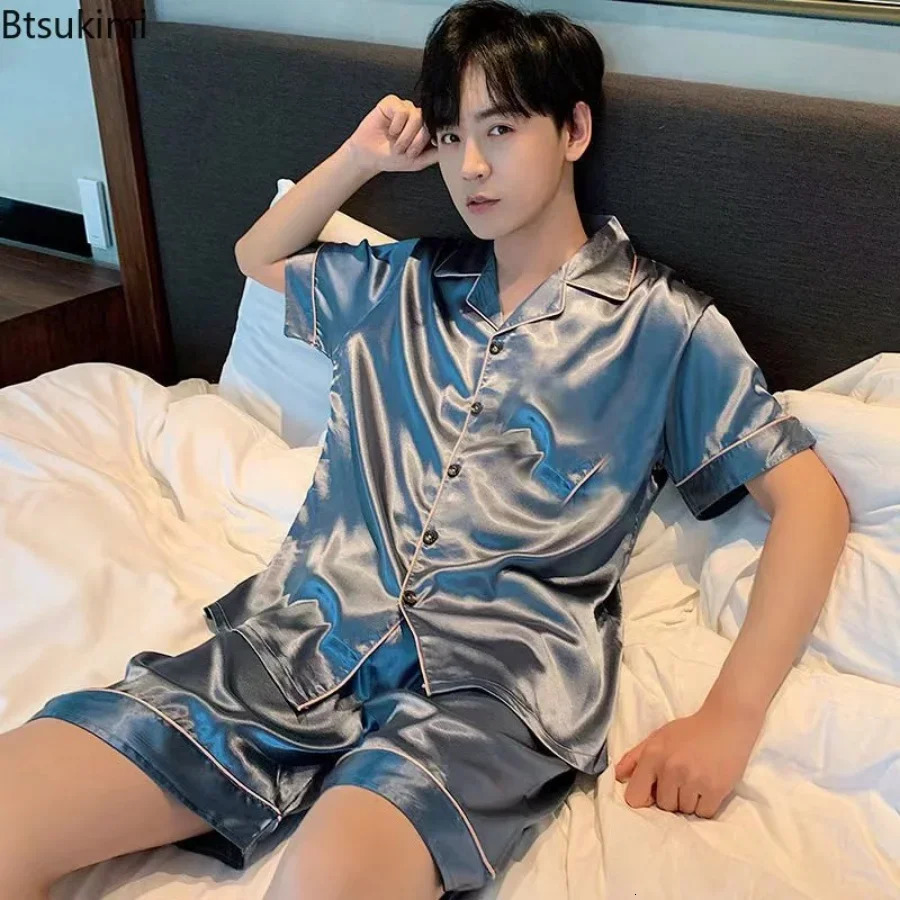 Summer Men Pajama Sets Silk Satin Pijama Turn-down Collar Sleepwear Short Sleeve Nightwear Male 2 Pieces Sets Homewear 5XL 260507