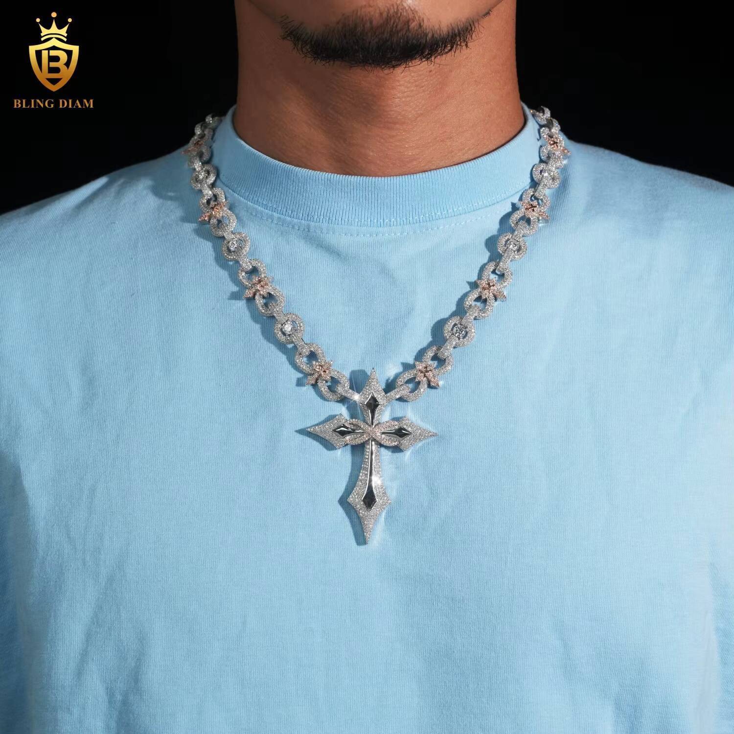 12MM Sterling Silver 925 VVS Moissanite Diamond Cross Pendant Miami Cuban Link Chain Necklace