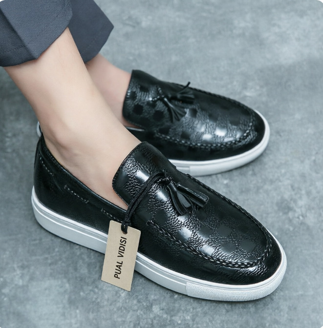 Mens Black Embossed Leather Loafers With Tassels Slip On Casual Shoes