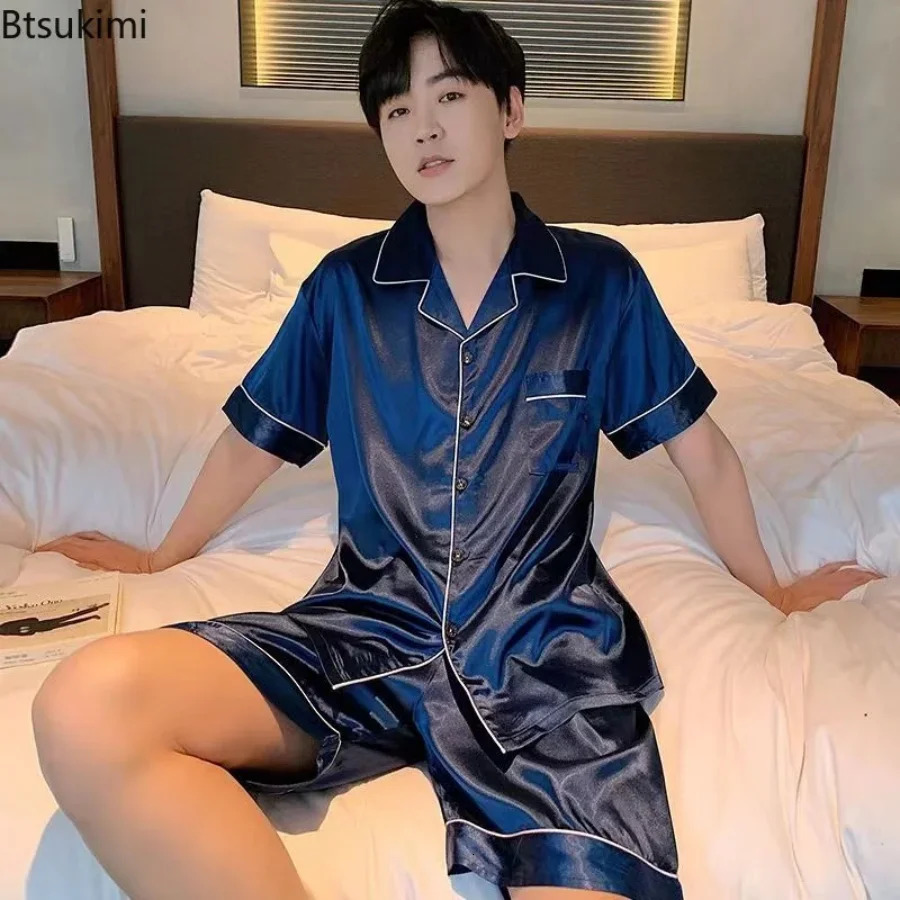 Summer Men Pajama Sets Silk Satin Pijama Turn-down Collar Sleepwear Short Sleeve Nightwear Male 2 Pieces Sets Homewear 5XL 260507