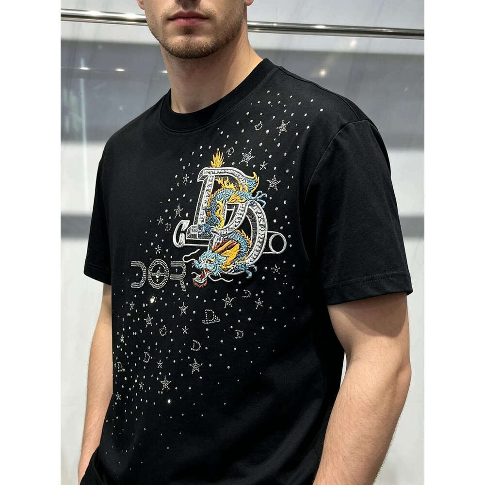 Luxury Brand Designer Clothes 2026 High-End Designer Apparel Men's European Letter Embroidery Print Rhinestone Round Neck Short Sleeve Trendy Cas