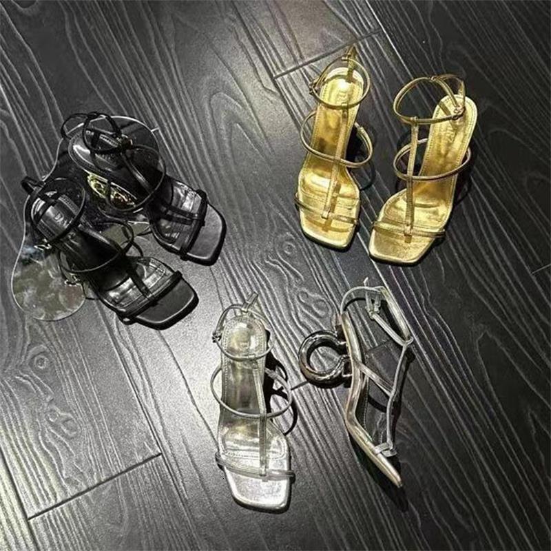 Gold Metallic Strappy Sandals Unique Circular Heel Party Dress Shoes square toe one-strap buckle irregular heel high-heeled Roman sandals daily outfit