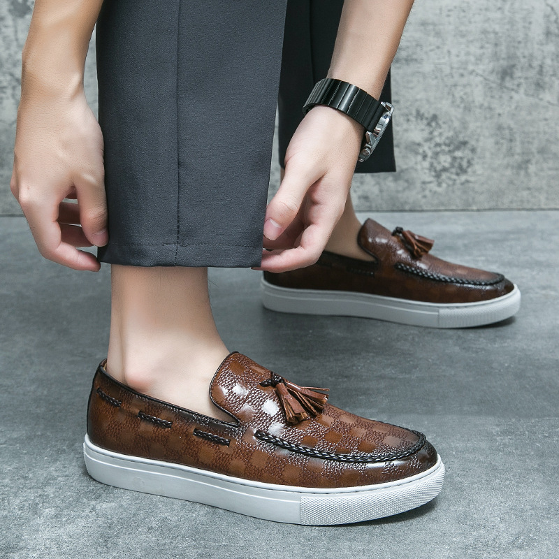 Mens Black Embossed Leather Loafers With Tassels Slip On Casual Shoes