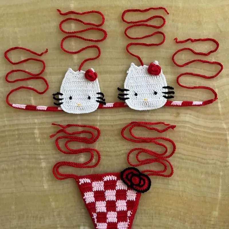 Hello Kittys Bikini Set Ladys Crochet Bathing Suit Sexy Micro Bikinis Fashion Ties Swimsuit Thong Swimwear Women Swimming Suit X260507