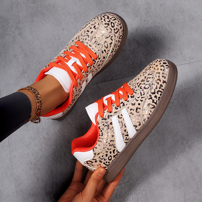 Womens Leopard Print Casual Sneakers With Orange Laces And White Stripes - view 5