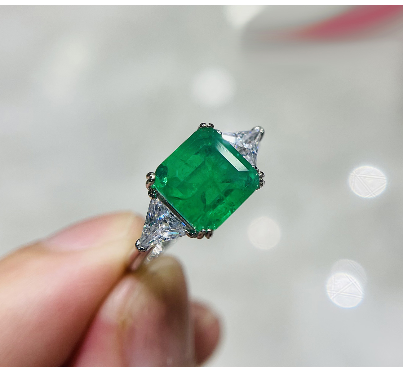 Rulalei Elegant 3-Stone Paraiba Blue CZ Ring Princess Emerald with Triangle Cut Side Stones Genuine 100% 925 Sterling Silver Wedding Band for Women Da
