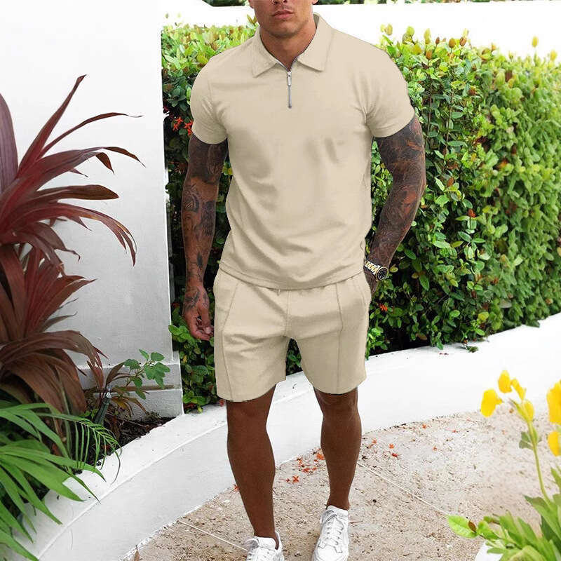 Designer 2026 European American Men's Short-sleeve Suit Luxury With Stand-up Collar And Zipper Design, Fashionable Casual Two-piece Shorts Set In
