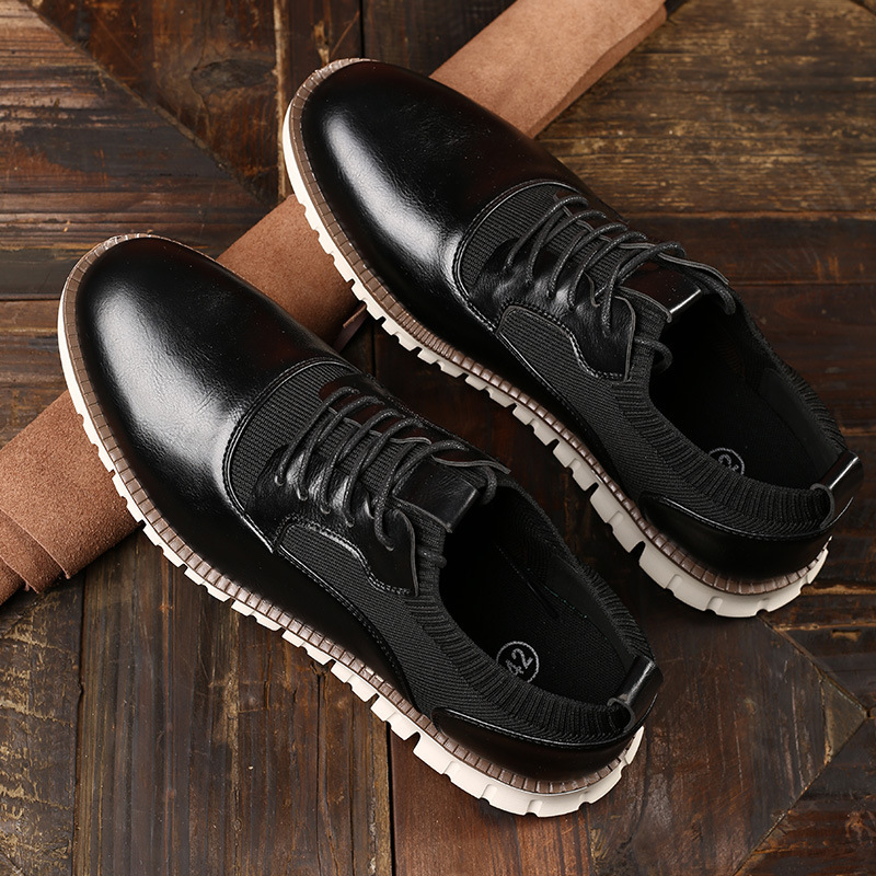 Mens Brown Leather And Knit Hybrid Casual Sneakers With White Sole