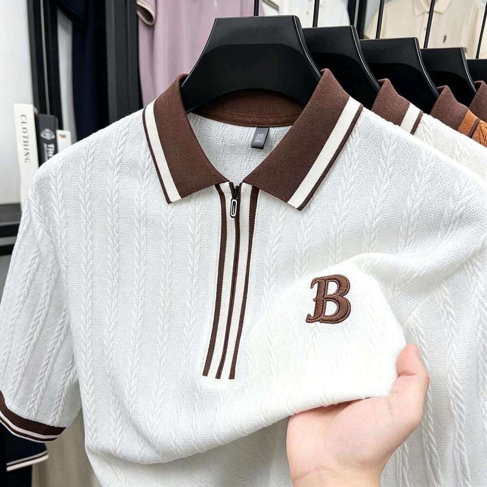 Luxury Brand Designer Clothes 2026 Summer Middle-Aged Men Knitted Short Sleeve Korean Version Business Casual Jacquard Embroidery Daily Wear for Men