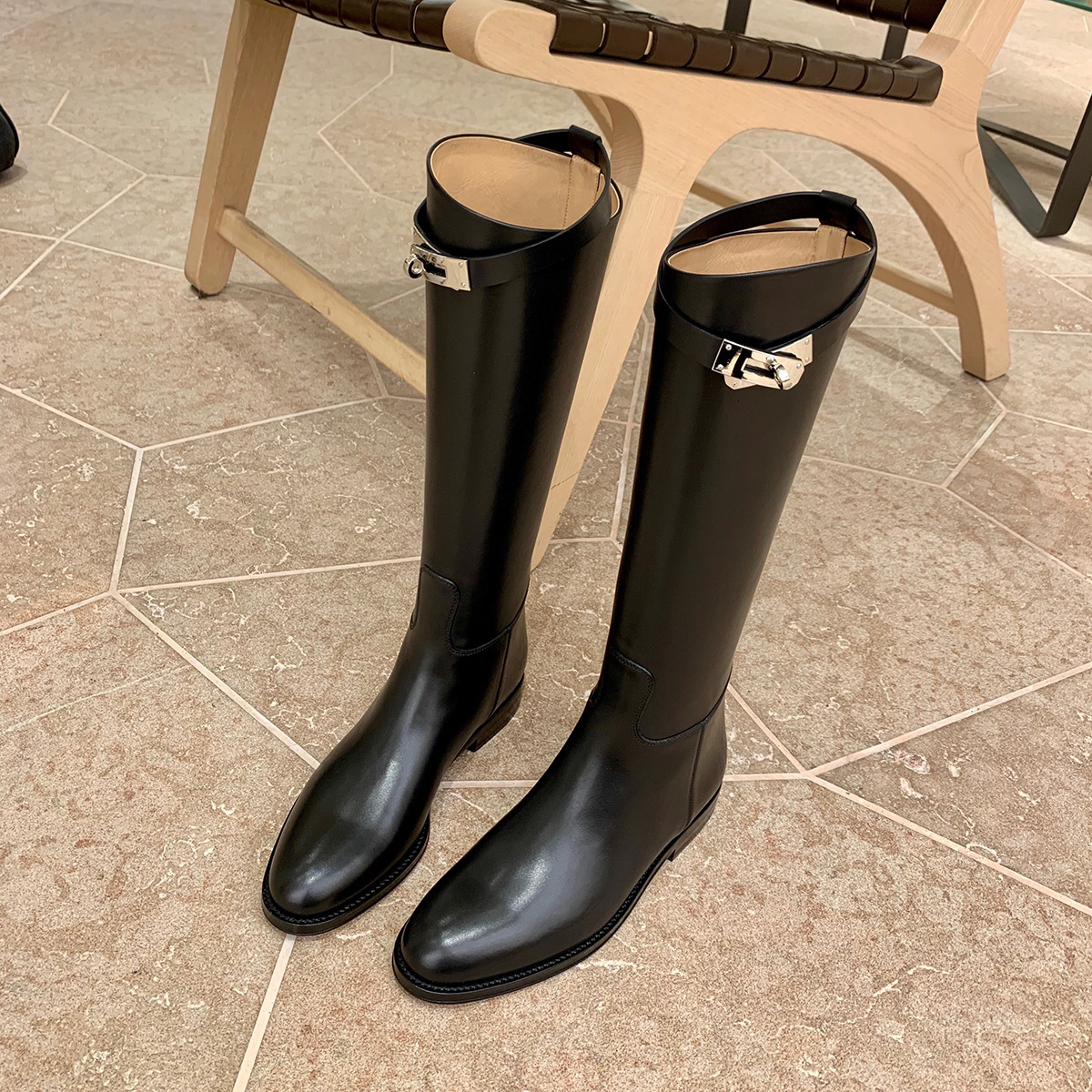 Designer shoe Round Toe Metal Long for Women, Over-the-Knee Versatile Casual Mid-High Boots, Riding Boots with Belt Buckle