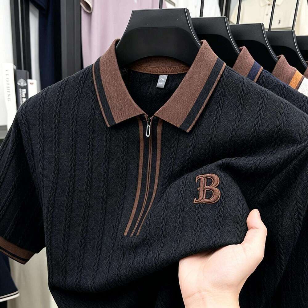 Luxury Brand Designer Clothes 2026 Summer Middle-Aged Men Knitted Short Sleeve Korean Version Business Casual Jacquard Embroidery Daily Wear for Men