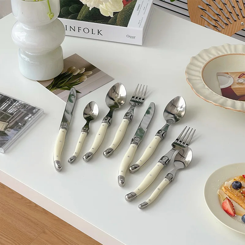 4/8/16/24Pcs Laguiole Cutlery Set Steak Knife Fork Dinner Spoon Teaspoon Ivory White Kitchen Flatware Stainless Steel Dinnerware 260508