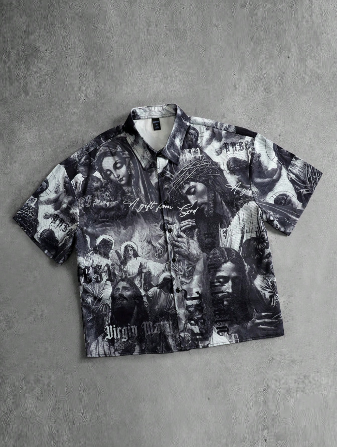 American retro trend brand Japanese print casual loose t-shirt short-sleeved shirt for summer